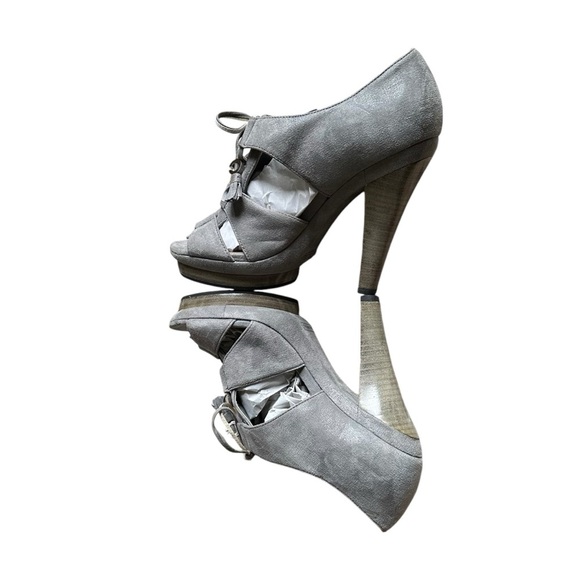 Coach Teagan Genuine Suede Leather Lace Up Open Toe High Heels In Gray Size 7 - Picture 6 of 12